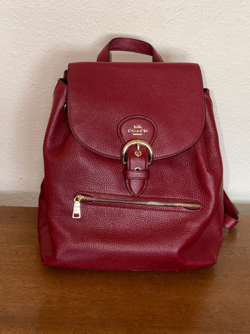Coach Burgundy Pebbled Leather Backpack with Gold Hardware